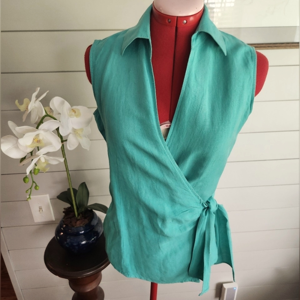 Green Linen Look Wrap Top